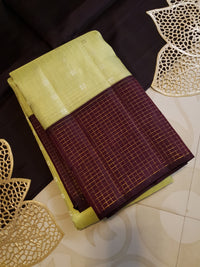 2G Pure Kanjivaram Silk Saree in Pastel Green with Contrast Wine Purple Border & Silver Zari Buttas | Silkmark Certified