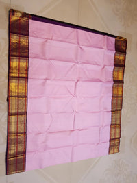 2G Pure Korvai  Kanjivaram Silk Saree in Light Pink with Purple Peacock Zari Border | Silkmark Certified