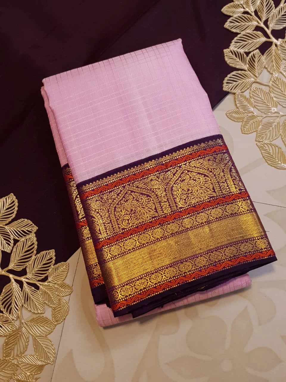 2G Pure Korvai  Kanjivaram Silk Saree in Light Pink with Purple Peacock Zari Border | Silkmark Certified