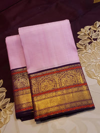 2G Pure Korvai  Kanjivaram Silk Saree in Light Pink with Purple Peacock Zari Border | Silkmark Certified