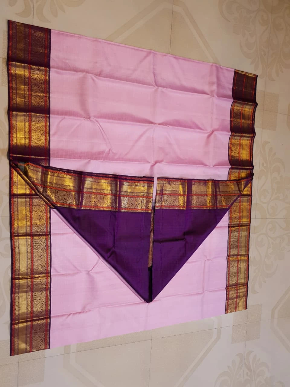 2G Pure Korvai  Kanjivaram Silk Saree in Light Pink with Purple Peacock Zari Border | Silkmark Certified