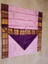 2G Pure Korvai  Kanjivaram Silk Saree in Light Pink with Purple Peacock Zari Border | Silkmark Certified