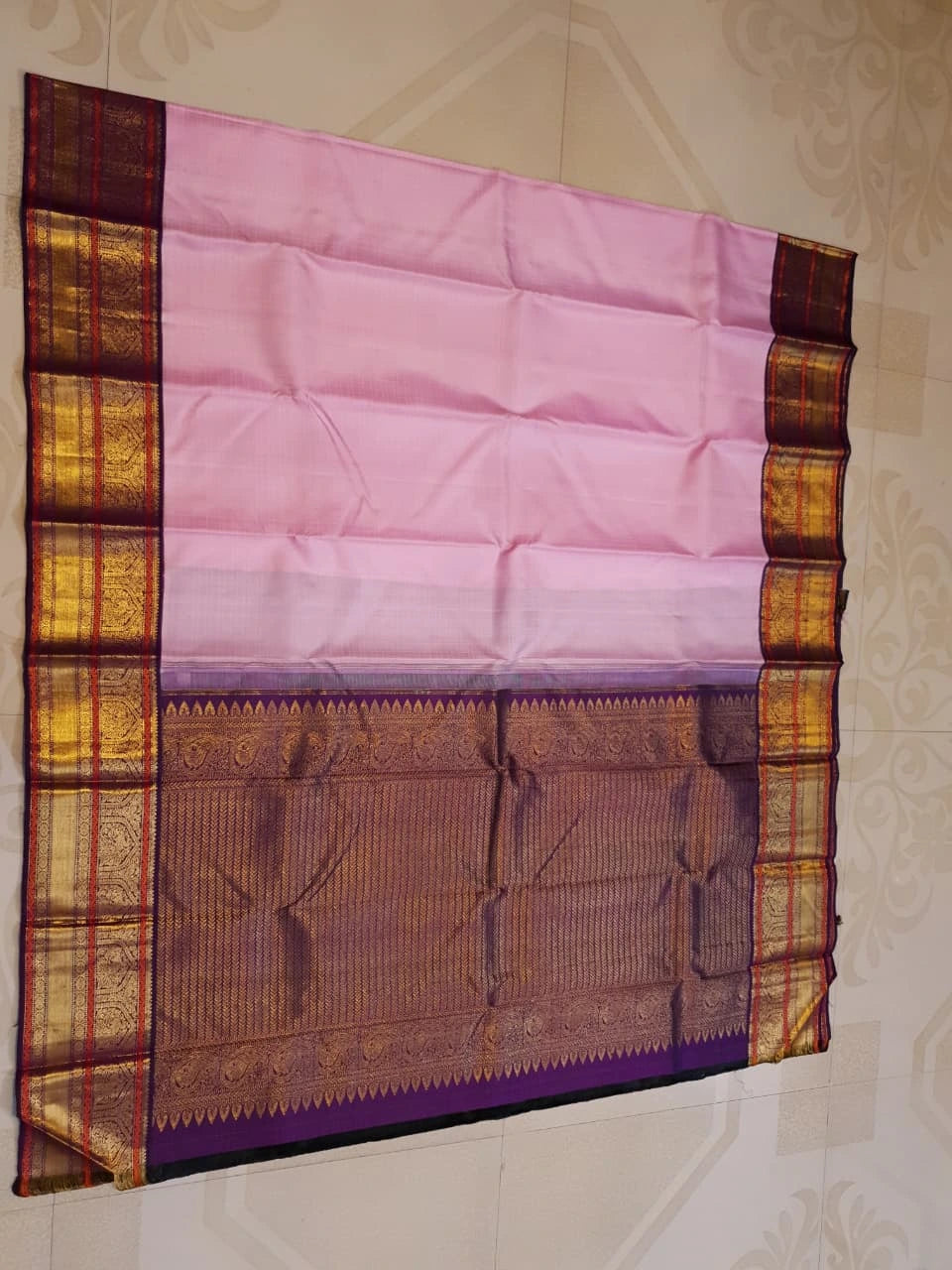 2G Pure Korvai  Kanjivaram Silk Saree in Light Pink with Purple Peacock Zari Border | Silkmark Certified