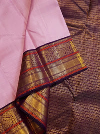 2G Pure Korvai  Kanjivaram Silk Saree in Light Pink with Purple Peacock Zari Border | Silkmark Certified