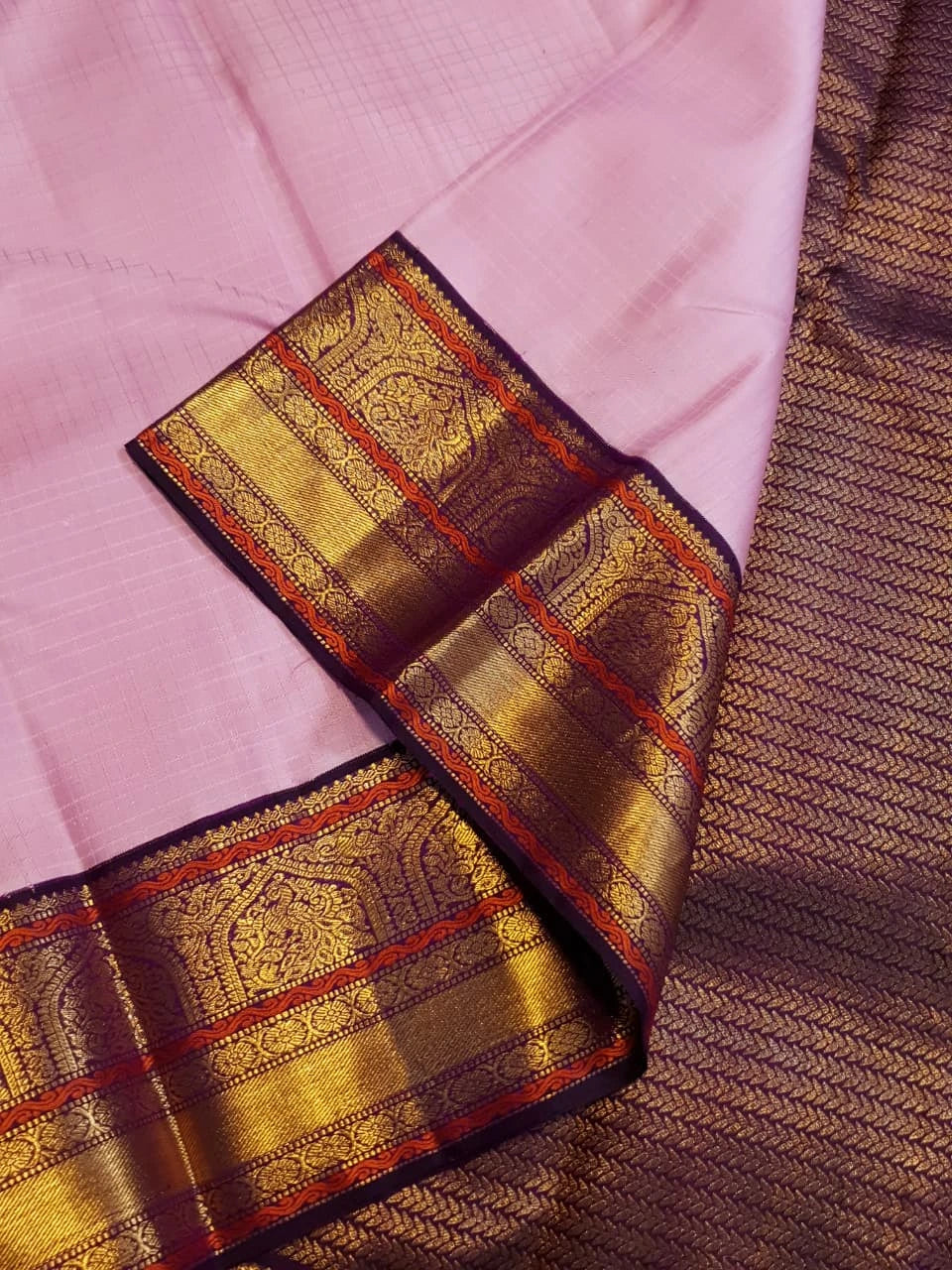 2G Pure Korvai  Kanjivaram Silk Saree in Light Pink with Purple Peacock Zari Border | Silkmark Certified