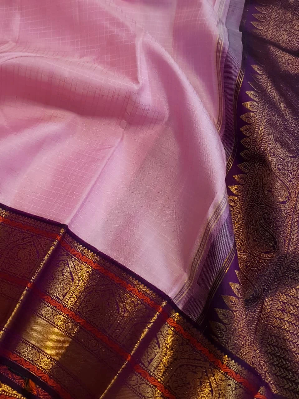 2G Pure Korvai  Kanjivaram Silk Saree in Light Pink with Purple Peacock Zari Border | Silkmark Certified