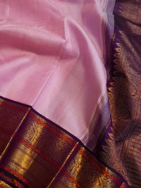 2G Pure Korvai  Kanjivaram Silk Saree in Light Pink with Purple Peacock Zari Border | Silkmark Certified