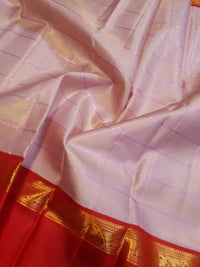 2G Pure Kanjivaram Silk Saree in Light Pink with Contrast Red Peacock Border & Rich Gold Zari | Silkmark Certified
