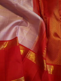 2G Pure Kanjivaram Silk Saree in Light Pink with Contrast Red Peacock Border & Rich Gold Zari | Silkmark Certified