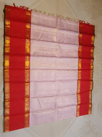 2G Pure Kanjivaram Silk Saree in Light Pink with Contrast Red Peacock Border & Rich Gold Zari | Silkmark Certified