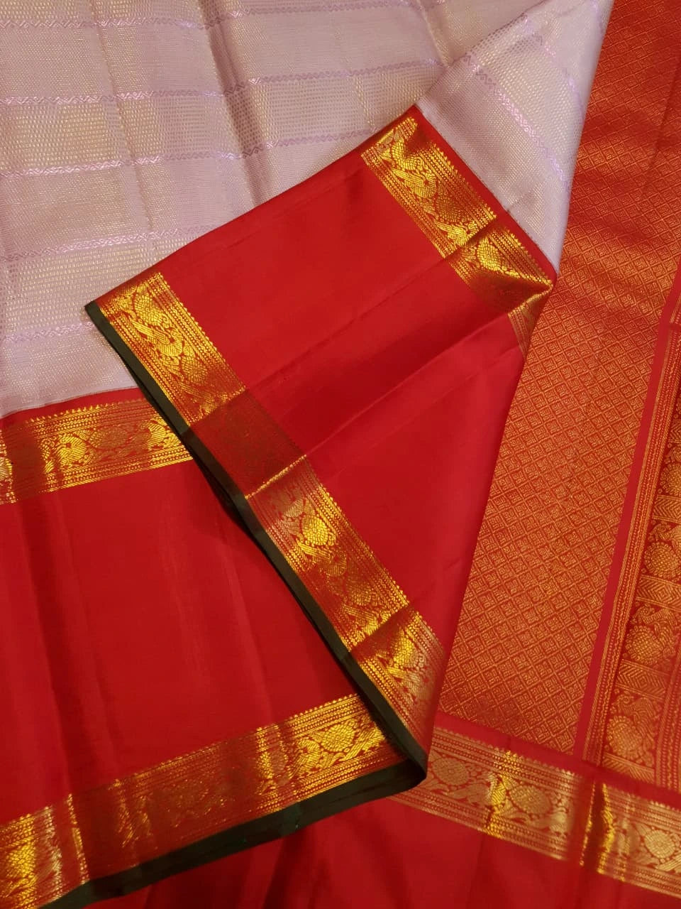 2G Pure Kanjivaram Silk Saree in Light Pink with Contrast Red Peacock Border & Rich Gold Zari | Silkmark Certified
