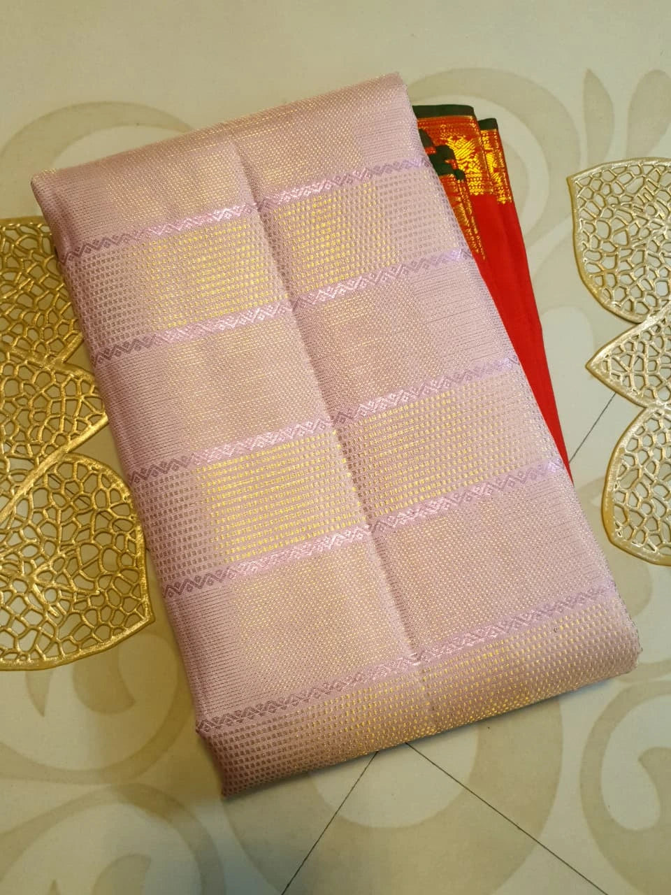 2G Pure Kanjivaram Silk Saree in Light Pink with Contrast Red Peacock Border & Rich Gold Zari | Silkmark Certified
