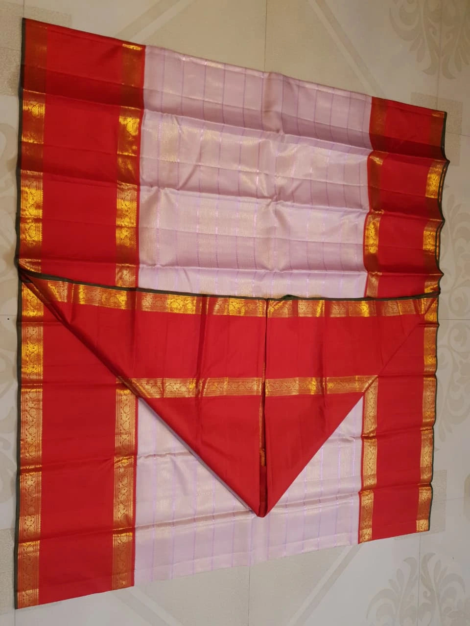 2G Pure Kanjivaram Silk Saree in Light Pink with Contrast Red Peacock Border & Rich Gold Zari | Silkmark Certified