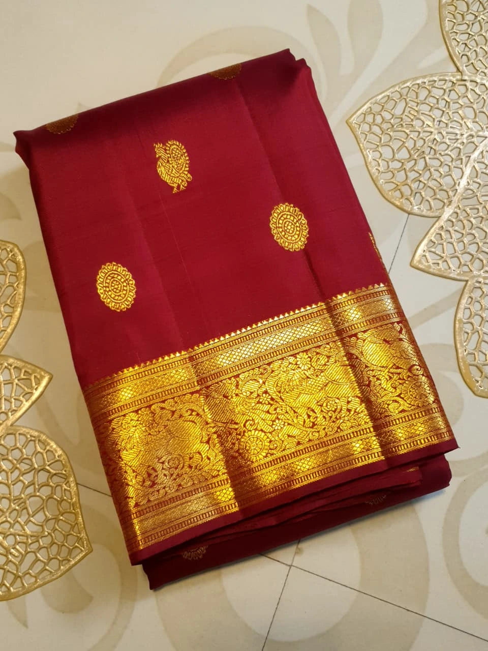 2G Pure Kanjivaram Silk Saree in Rich Maroon Red with Gold Peacock Buttas & Peacock Zari Border | Traditional Kanchipuram Silk Saree