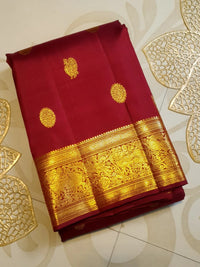 2G Pure Kanjivaram Silk Saree in Rich Maroon Red with Gold Peacock Buttas & Peacock Zari Border | Traditional Kanchipuram Silk Saree