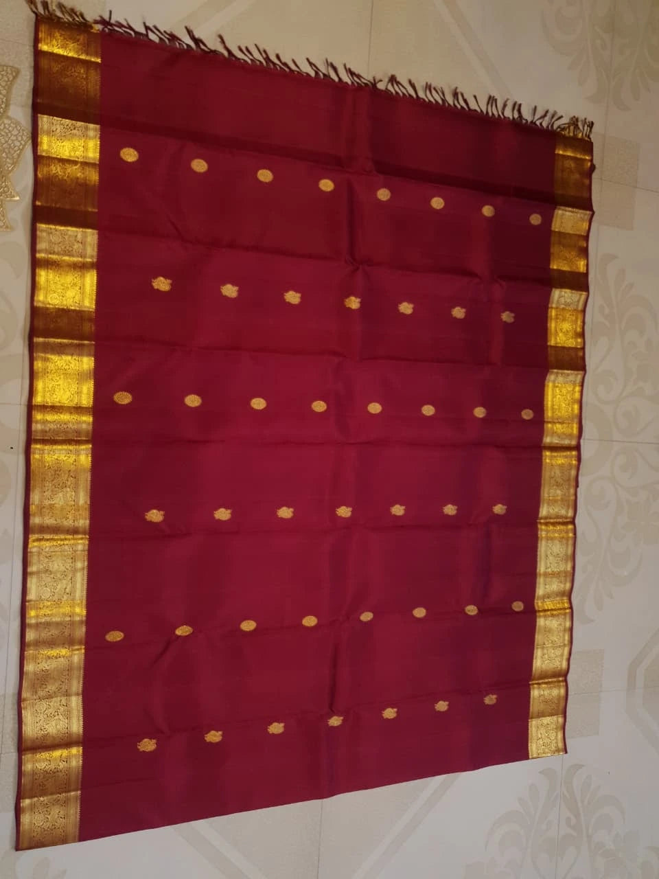 2G Pure Kanjivaram Silk Saree in Rich Maroon Red with Gold Peacock Buttas & Peacock Zari Border | Traditional Kanchipuram Silk Saree