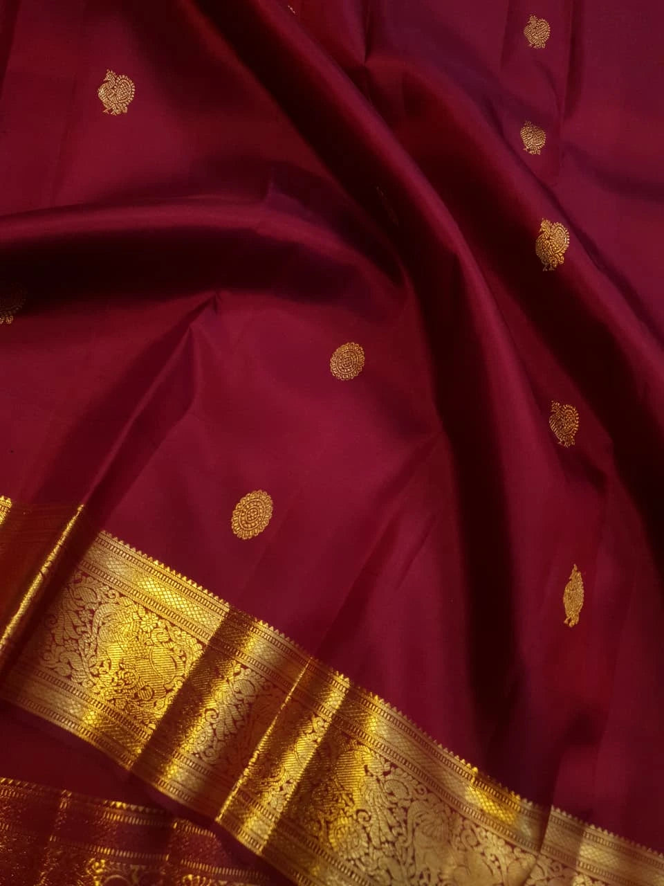 2G Pure Kanjivaram Silk Saree in Rich Maroon Red with Gold Peacock Buttas & Peacock Zari Border | Traditional Kanchipuram Silk Saree
