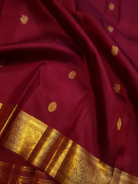 2G Pure Kanjivaram Silk Saree in Rich Maroon Red with Gold Peacock Buttas & Peacock Zari Border | Traditional Kanchipuram Silk Saree