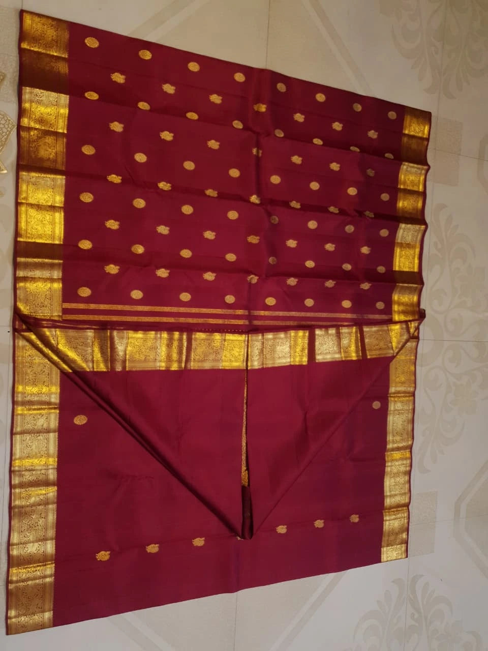 2G Pure Kanjivaram Silk Saree in Rich Maroon Red with Gold Peacock Buttas & Peacock Zari Border | Traditional Kanchipuram Silk Saree