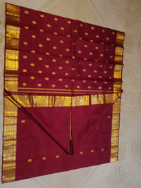 2G Pure Kanjivaram Silk Saree in Rich Maroon Red with Gold Peacock Buttas & Peacock Zari Border | Traditional Kanchipuram Silk Saree