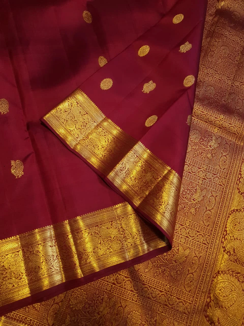2G Pure Kanjivaram Silk Saree in Rich Maroon Red with Gold Peacock Buttas & Peacock Zari Border | Traditional Kanchipuram Silk Saree