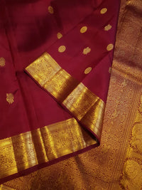 2G Pure Kanjivaram Silk Saree in Rich Maroon Red with Gold Peacock Buttas & Peacock Zari Border | Traditional Kanchipuram Silk Saree