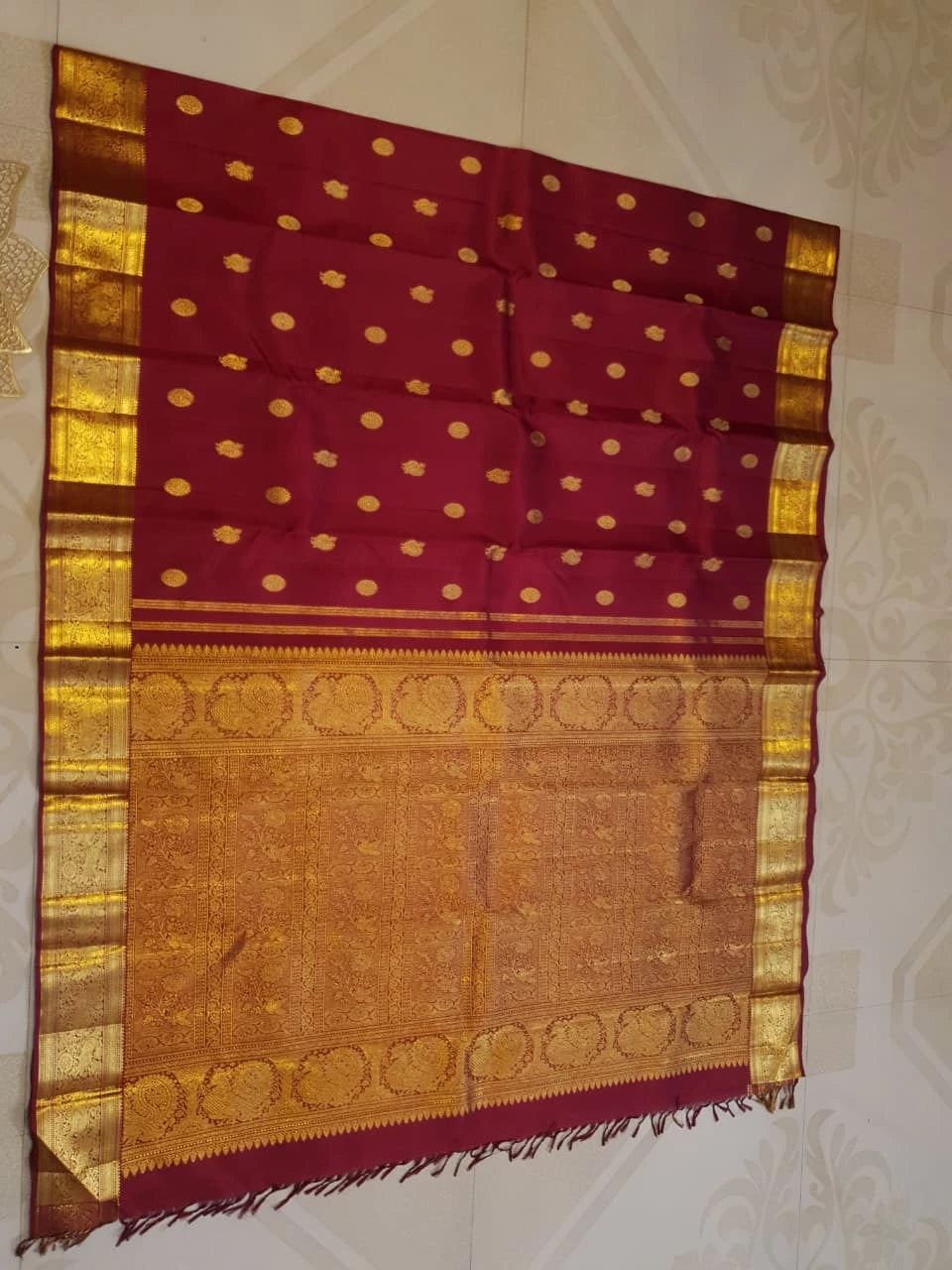 2G Pure Kanjivaram Silk Saree in Rich Maroon Red with Gold Peacock Buttas & Peacock Zari Border | Traditional Kanchipuram Silk Saree