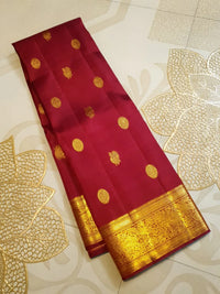 2G Pure Kanjivaram Silk Saree in Rich Maroon Red with Gold Peacock Buttas & Peacock Zari Border | Traditional Kanchipuram Silk Saree