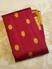 2G Pure Kanjivaram Silk Saree in Rich Maroon Red with Gold Peacock Buttas & Peacock Zari Border | Traditional Kanchipuram Silk Saree