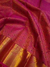 2G Pure Kanjivaram Silk Saree in Rani Pink with Rich Gold Zari Brocade & Traditional Floral Pallu | Silkmark Certified