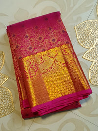 2G Pure Kanjivaram Silk Saree in Rani Pink with Rich Gold Zari Brocade & Traditional Floral Pallu | Silkmark Certified