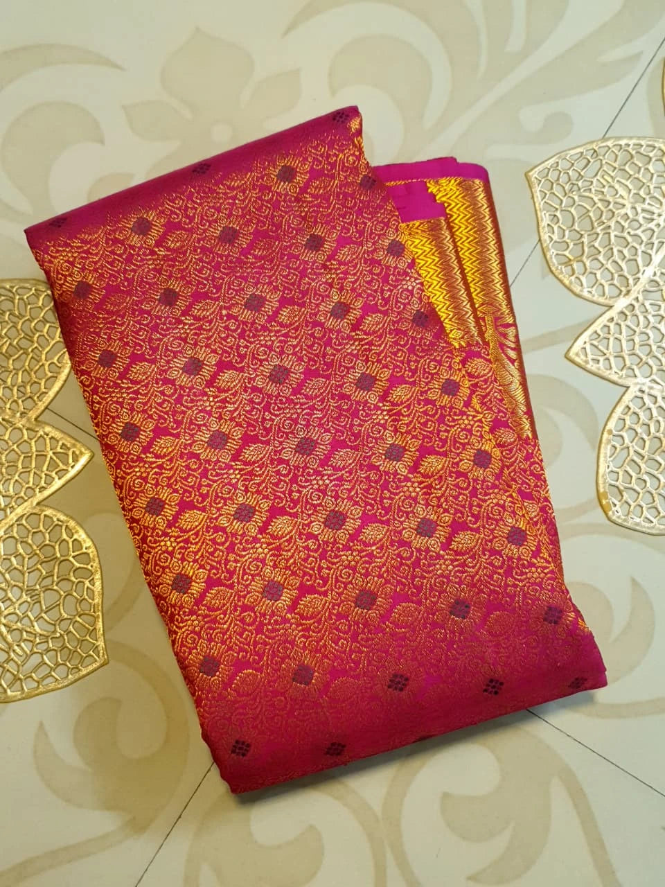 2G Pure Kanjivaram Silk Saree in Rani Pink with Rich Gold Zari Brocade & Traditional Floral Pallu | Silkmark Certified