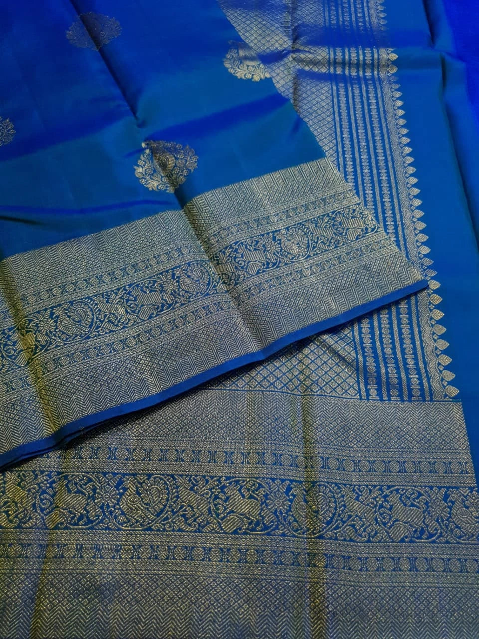 2G Pure Kanjivaram Silk Saree in Royal Blue with Gold Zari Paisley Buttas & Peacock Zari Border | Silkmark Certified