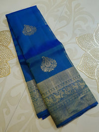 2G Pure Kanjivaram Silk Saree in Royal Blue with Gold Zari Paisley Buttas & Peacock Zari Border | Silkmark Certified