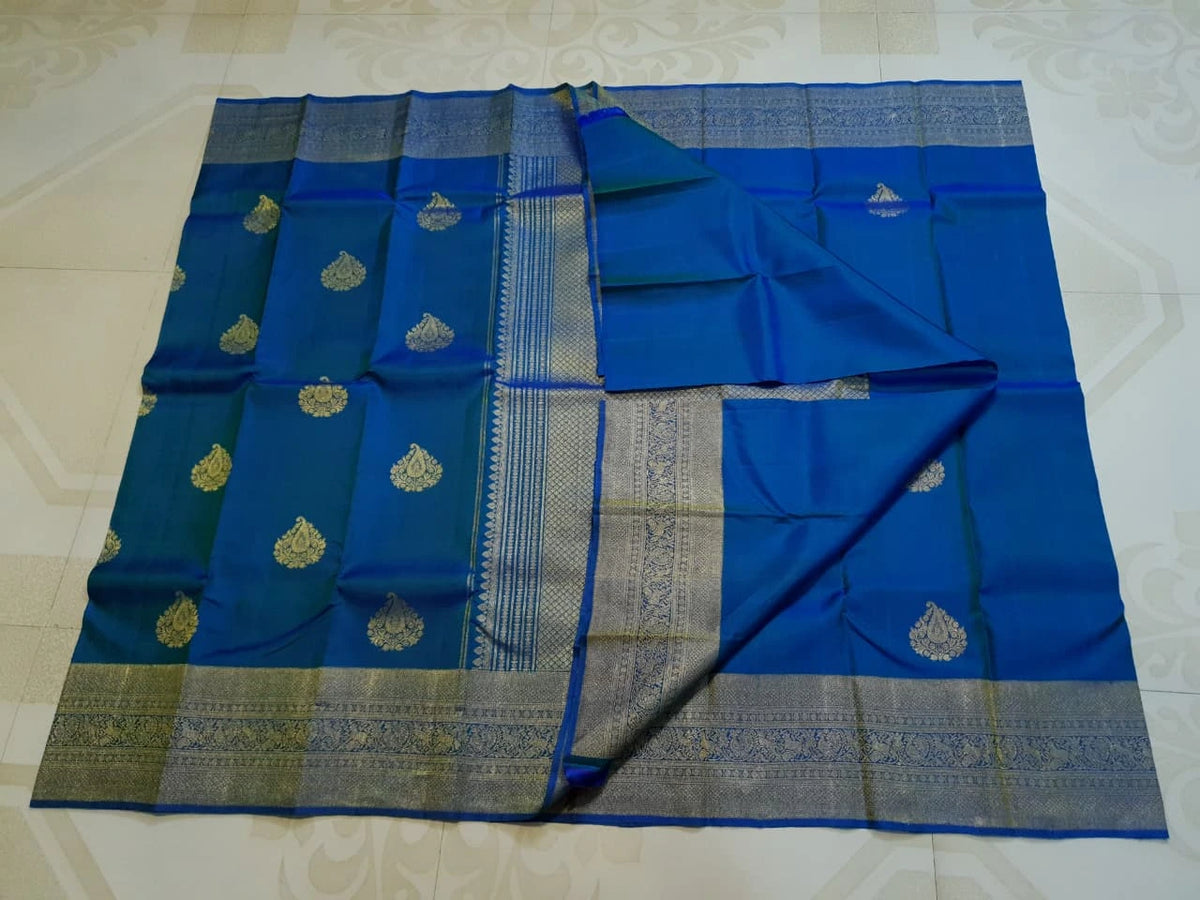 2G Pure Kanjivaram Silk Saree in Royal Blue with Gold Zari Paisley Buttas & Peacock Zari Border | Silkmark Certified
