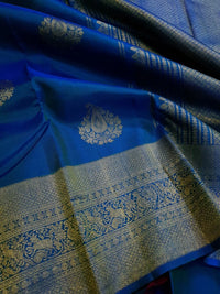 2G Pure Kanjivaram Silk Saree in Royal Blue with Gold Zari Paisley Buttas & Peacock Zari Border | Silkmark Certified