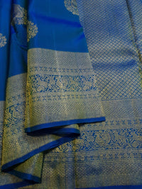 2G Pure Kanjivaram Silk Saree in Royal Blue with Gold Zari Paisley Buttas & Peacock Zari Border | Silkmark Certified