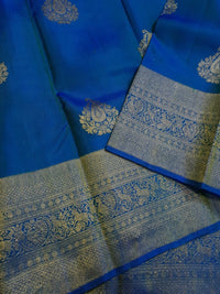 2G Pure Kanjivaram Silk Saree in Royal Blue with Gold Zari Paisley Buttas & Peacock Zari Border | Silkmark Certified