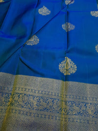 2G Pure Kanjivaram Silk Saree in Royal Blue with Gold Zari Paisley Buttas & Peacock Zari Border | Silkmark Certified