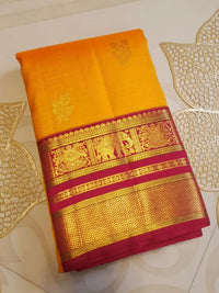 2G Pure Kanjivaram Silk Saree in Mango Yellow with Floral Buttas & Maroon Elephant Zari Border | SILKMARK Certified