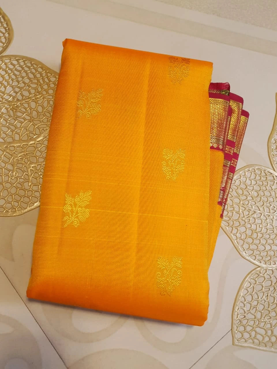2G Pure Kanjivaram Silk Saree in Mango Yellow with Floral Buttas & Maroon Elephant Zari Border | SILKMARK Certified