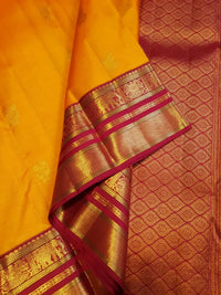 2G Pure Kanjivaram Silk Saree in Mango Yellow with Floral Buttas & Maroon Elephant Zari Border | SILKMARK Certified