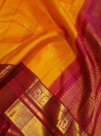 2G Pure Kanjivaram Silk Saree in Mango Yellow with Floral Buttas & Maroon Elephant Zari Border | SILKMARK Certified