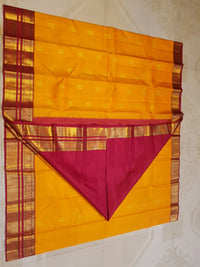 2G Pure Kanjivaram Silk Saree in Mango Yellow with Floral Buttas & Maroon Elephant Zari Border | SILKMARK Certified