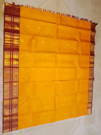 2G Pure Kanjivaram Silk Saree in Mango Yellow with Floral Buttas & Maroon Elephant Zari Border | SILKMARK Certified