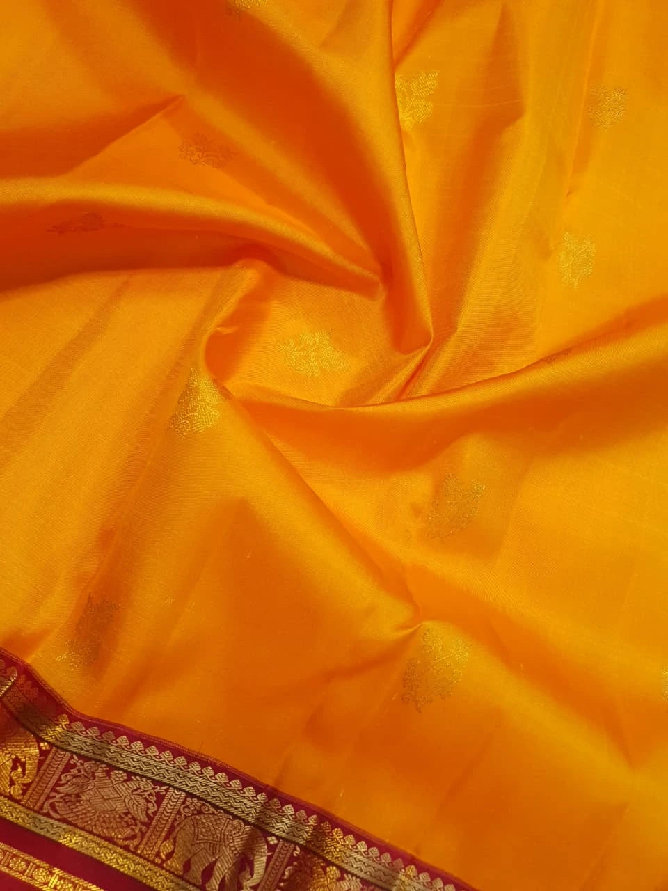 2G Pure Kanjivaram Silk Saree in Mango Yellow with Floral Buttas & Maroon Elephant Zari Border | SILKMARK Certified