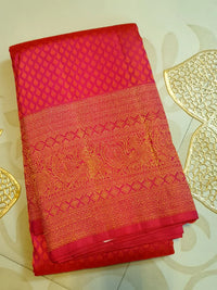 2G Pure Kanjivaram Silk Saree in Rich Rani Pink with Fine Gold Zari Buttas & Traditional Zari Border | Silkmark Certified