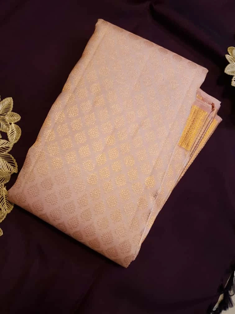 2GPure Kanjivaram Silk Saree in Soft Peach with Fine Copper Zari Buttas & Rich Copper Zari Border | Silkmark Certified