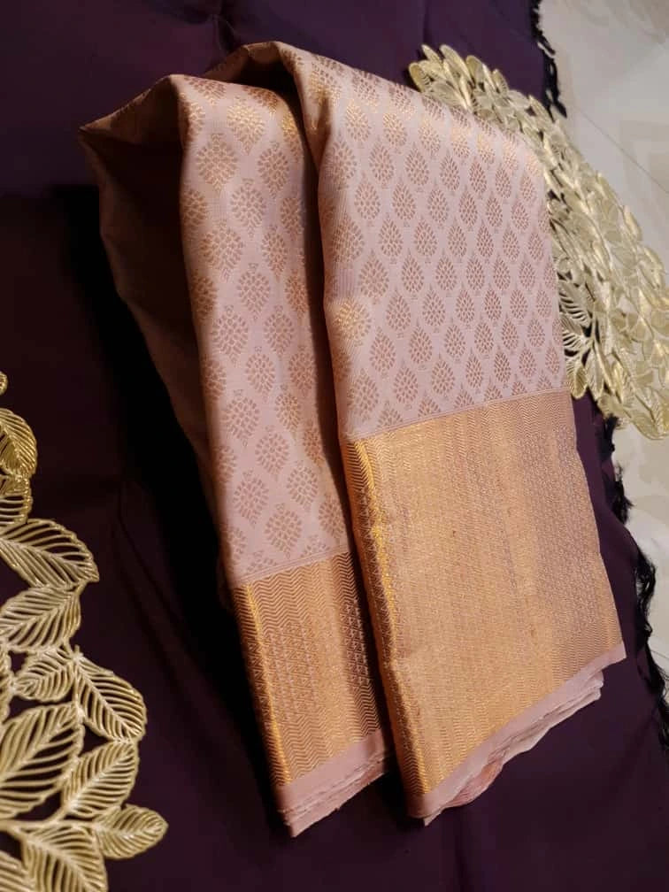 2GPure Kanjivaram Silk Saree in Soft Peach with Fine Copper Zari Buttas & Rich Copper Zari Border | Silkmark Certified