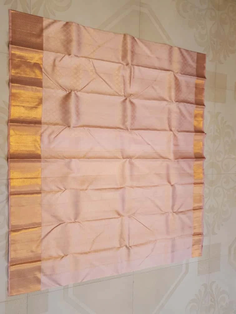 2GPure Kanjivaram Silk Saree in Soft Peach with Fine Copper Zari Buttas & Rich Copper Zari Border | Silkmark Certified